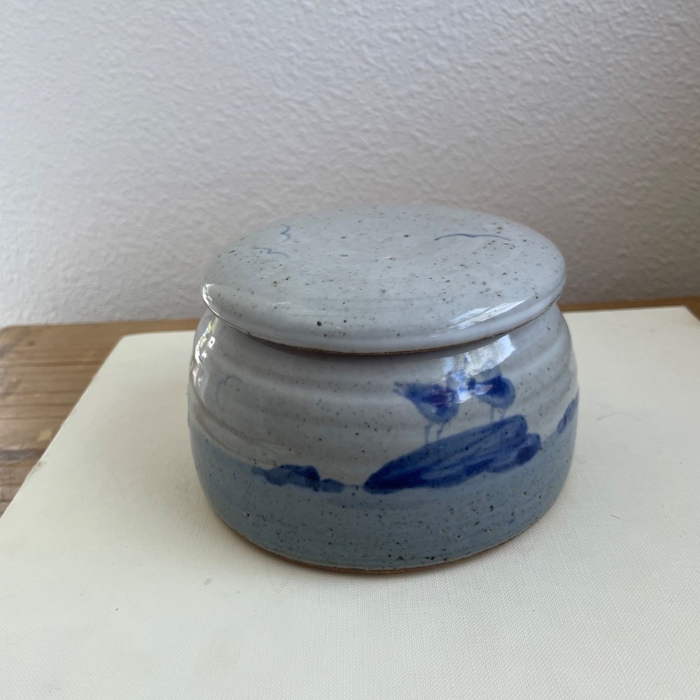 Signed Studio Pottery Stoneware Butter Bell Blue Bird Cobalt Folk Art 3.25x5.25